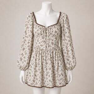 Pink Lily Cottagecore Floral Mini Dress Cream Brown Long Sleeve Women’s Medium